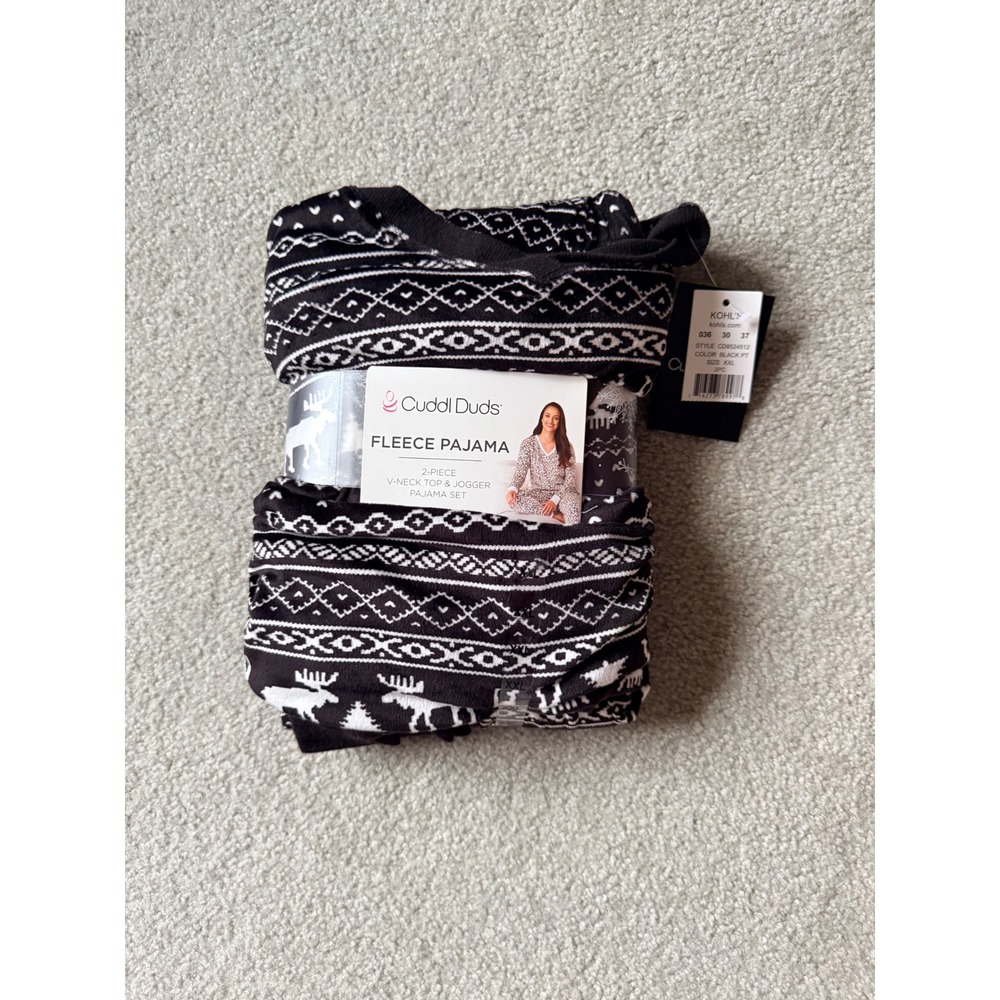 Cuddl Duds Womens Fleece Pajama Set XXL 2PC V-Neck Jogger Black Moose Fair Isle
